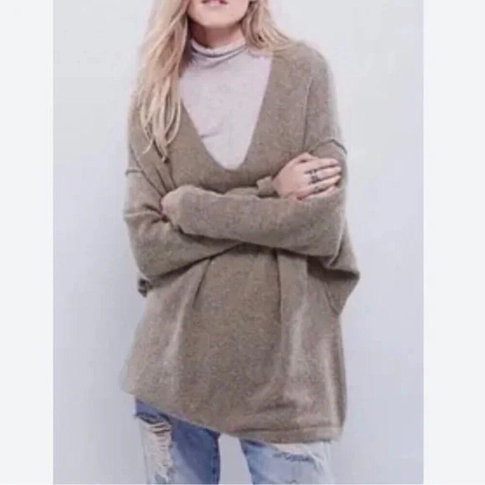 Free People Softly Vee Yak/Wool Blend Sweater S Taupe/Tan
